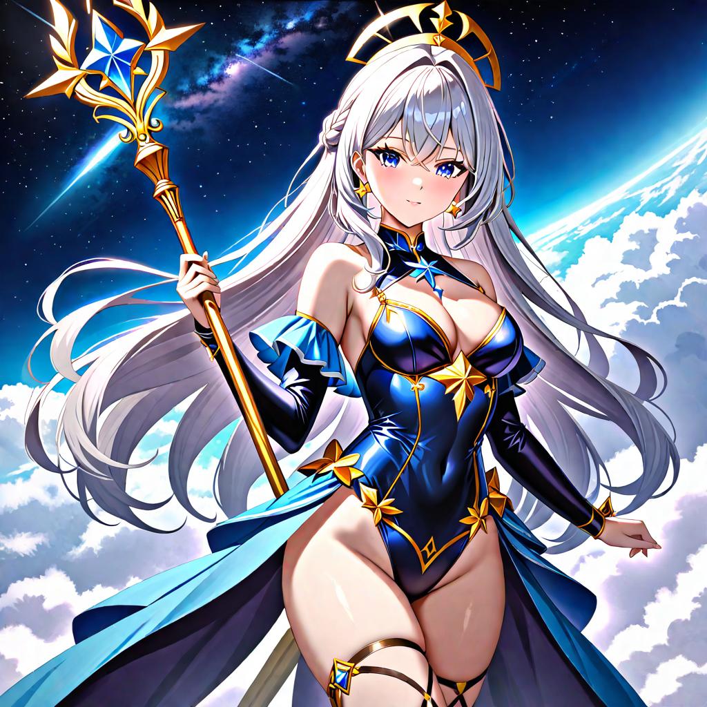  A magical girl with long, flowing silver hair, dressed in a celestial themed outfit adorned with star shaped jewels. She holds an ornate staff with a large, shimmering crystal at the top, surrounded by smaller stars. Her eyes are a deep, cosmic blue, reflecting the mysteries of the universe. She exudes an ethereal glow, embodying both grace and immense power., Rarity SS, 8K