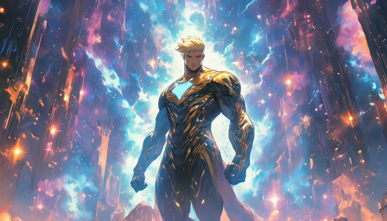  hyperrealism,fantasy aesthetic1man, handsome blonde arian male humanoid, walking through a cosmic gateway, stars twinkling, carrying the essence of the cosmos, high tech clothing clad in sleek, futuristic costume with metallic accents and form fitting designs, marvel superhero comics style, unreal engine rendering