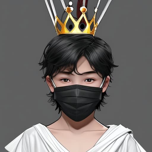  A boy with a good health with a sword on head a crown is there on mouth there is a mask with a black