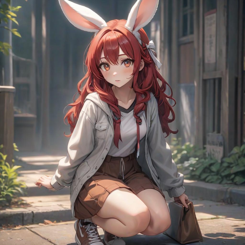  A young with red hair having white strands in them. Bunny ears, upturned nose. Gray eyes. Vitiligo with light patches on skin. Tall, average body build, long curly hair down to her , dressed in simple country clothing and brown sneakers, leaning on a cane. Anime realism, sketch. hyperrealistic, full body, detailed clothing, highly detailed, cinematic lighting, stunningly beautiful, intricate, sharp focus, f/1. 8, 85mm, (centered image composition), (professionally color graded), ((bright soft diffused light)), volumetric fog, trending on instagram, trending on tumblr, HDR 4K, 8K