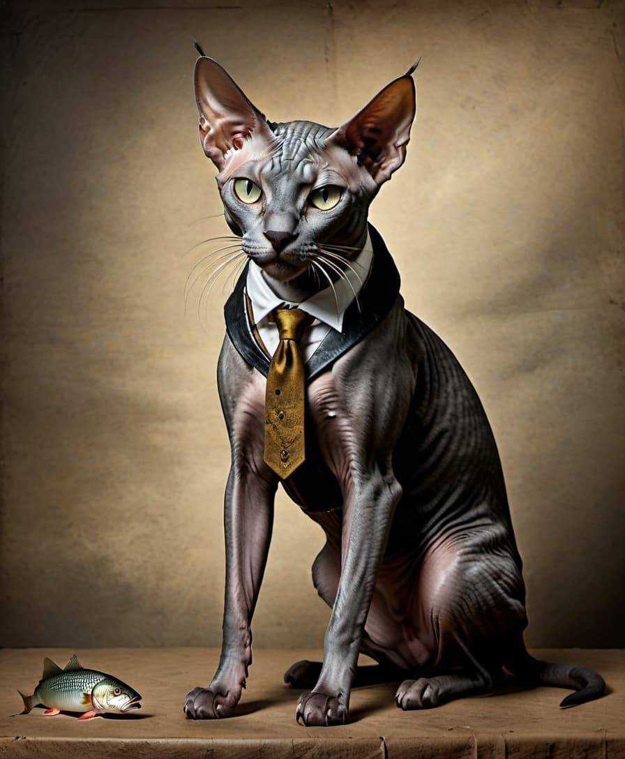  grunge style Evil, elegantly groomed Sphinx cat eats seabass. . textured, distressed, vintage, edgy, punk rock vibe, dirty, noisy, on parchment hyperrealistic, full body, detailed clothing, highly detailed, cinematic lighting, stunningly beautiful, intricate, sharp focus, f/1. 8, 85mm, (centered image composition), (professionally color graded), ((bright soft diffused light)), volumetric fog, trending on instagram, trending on tumblr, HDR 4K, 8K