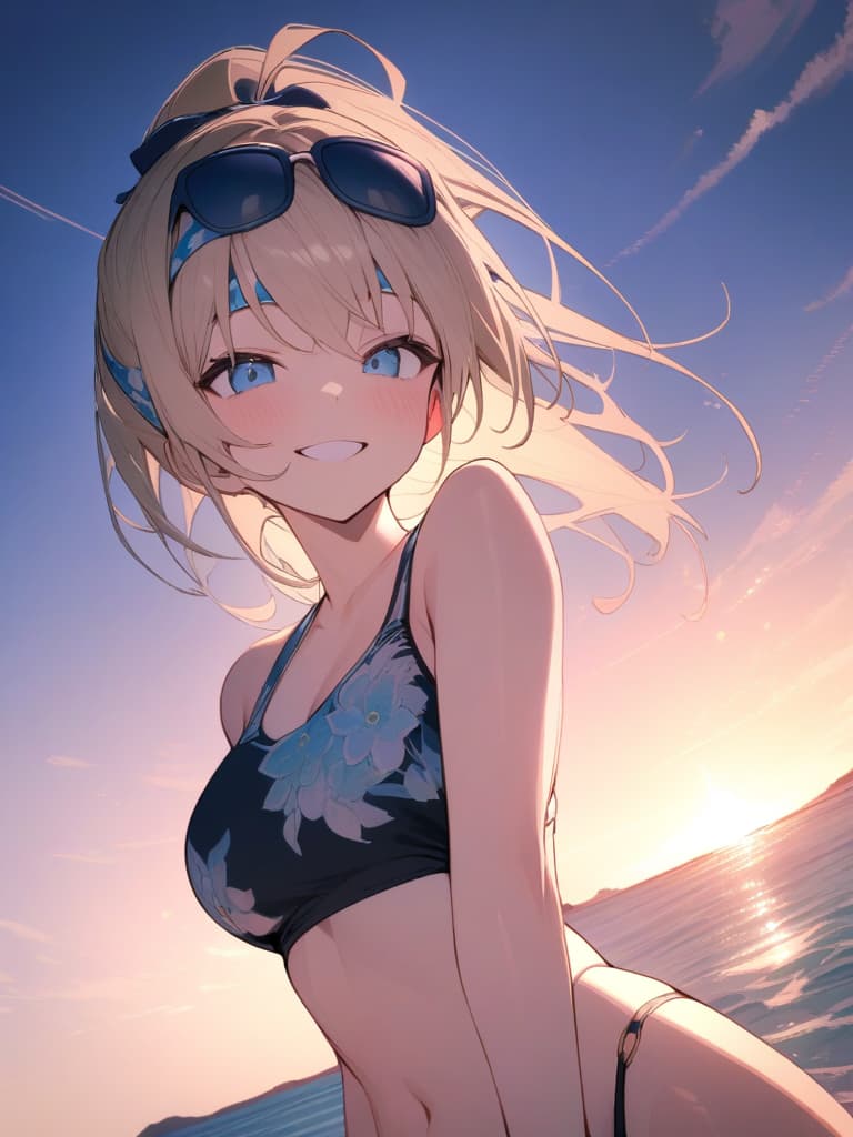  ultra detailed:1.2,masterpiece:1.2,best quality,masterpiece,bestquality,hdr:1.1,8k:1.1,very cute girl:1.3,(sungles,eyewear headband:1.7),grin smile,ponytail,blond hair:1.2,(swimsuit,blue ,flower pattern:1.3),selfy:1.3,tongue out:1.3,peace sign:1.7, masterpiece, best quality,8k,ultra detailed,high resolution,an extremely delicate and beautiful,hyper detail