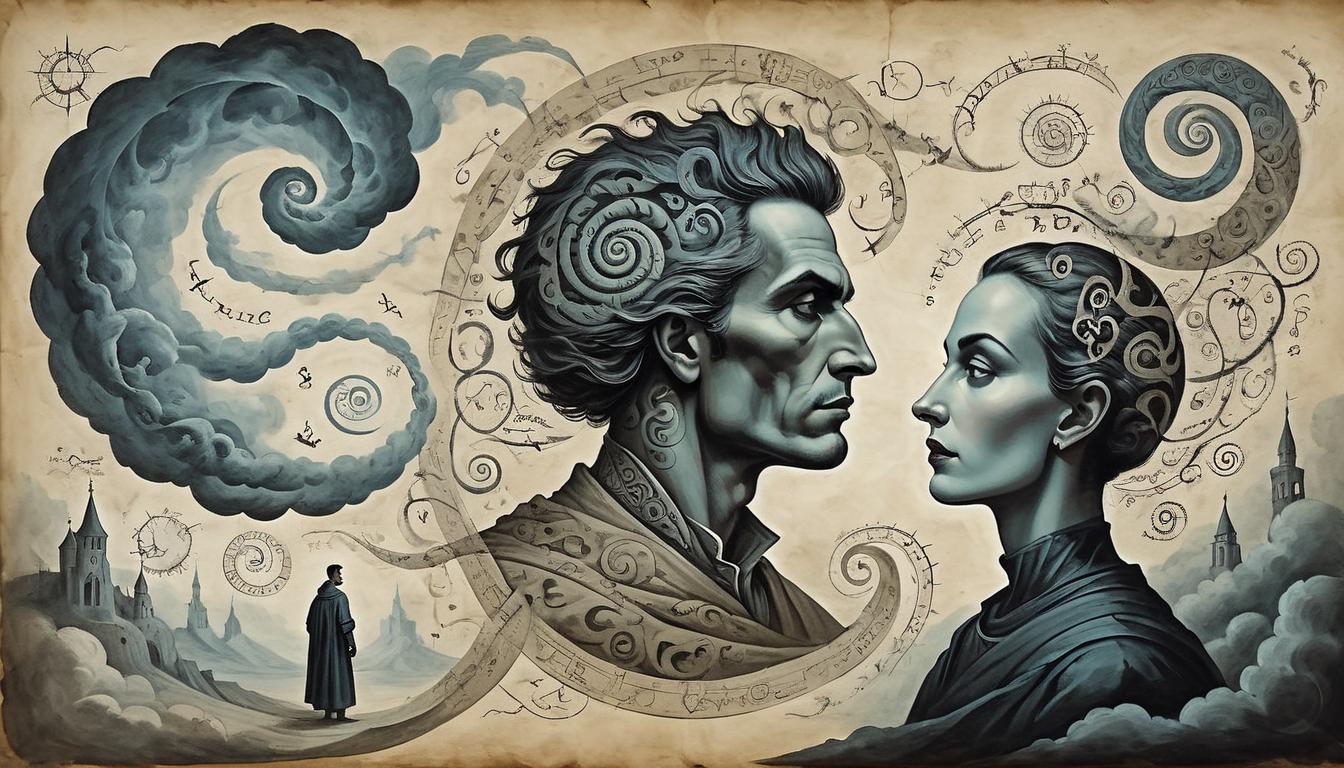  on parchment, surrealism+++, Two figures side by side, one viewing stress as dark clouds, the other as a bright challenge, both surrounded by swirling genetic symbols, conceptual contrast, dual perspectives(mysterious, provocative, symbolic,muted color)+++