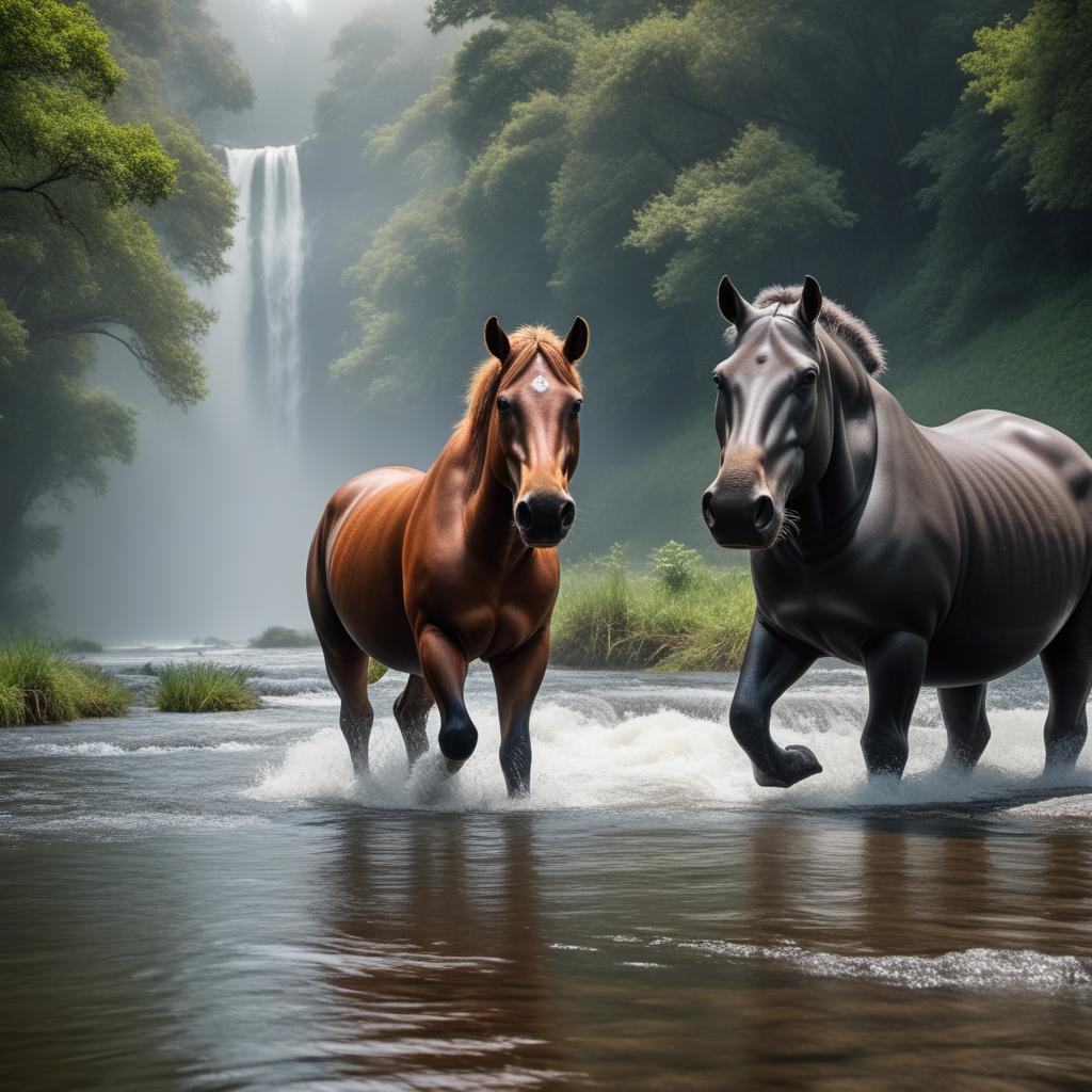  Draw a horse with a fork in a river and a hippo in pursuit hyperrealistic, full body, detailed clothing, highly detailed, cinematic lighting, stunningly beautiful, intricate, sharp focus, f/1. 8, 85mm, (centered image composition), (professionally color graded), ((bright soft diffused light)), volumetric fog, trending on instagram, trending on tumblr, HDR 4K, 8K