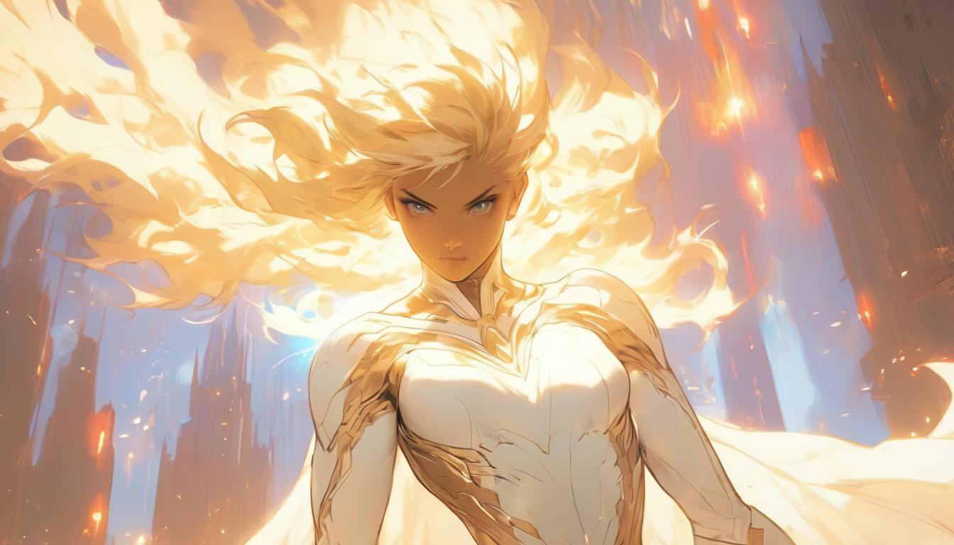  hyperrealism,fantasy aesthetic1woman, large busted attractive blonde arian female humanoid, standing in front of a radiant white light, wearing a flowing white dress, ethereal, mystical, light halo., high tech clothing clad in sleek, futuristic costume with metallic accents and form fitting designs, marvel superhero comics style, unreal engine rendering