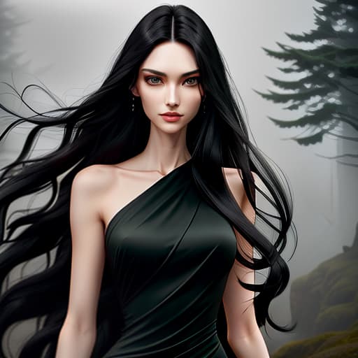  A slender young . Black hair is flowing freely in the wind. Green eyes. There is fog in the background, a gloomy atmosphere, young , green eyes, black wavy long hair, beautiful, regular facial features, , slender, dressed in a dark gray dress, narrow long fingers, graceful, slender figure, small s hyperrealistic, full body, detailed clothing, highly detailed, cinematic lighting, stunningly beautiful, intricate, sharp focus, f/1. 8, 85mm, (centered image composition), (professionally color graded), ((bright soft diffused light)), volumetric fog, trending on instagram, trending on tumblr, HDR 4K, 8K