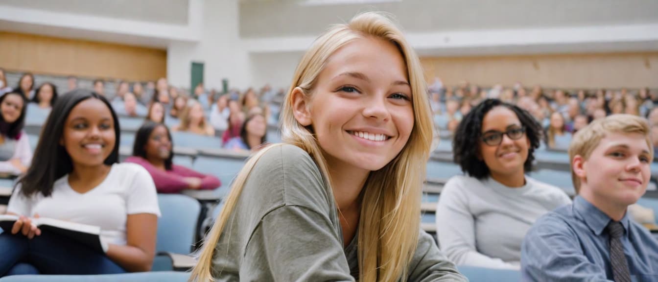  Portrait of a blond hair nordic caucasian happy university student sitting in a college lecture hall