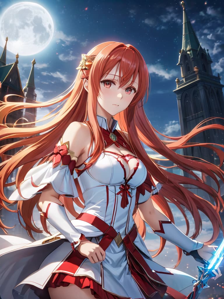  (best quality, masterpiece, colorful, dynamic angle,) upper body photo, fashion photography of intense long red hair, (Asuna Yuuki)(sword art online) yuuki asuna, (ultrahigh resolution textures), in dynamic pose,(intricate details), moonlight passing through hair, perfect night, fantasy background, (official art) hyperrealistic, full body, detailed clothing, highly detailed, cinematic lighting, stunningly beautiful, intricate, sharp focus, f/1. 8, 85mm, (centered image composition), (professionally color graded), ((bright soft diffused light)), volumetric fog, trending on instagram, trending on tumblr, HDR 4K, 8K