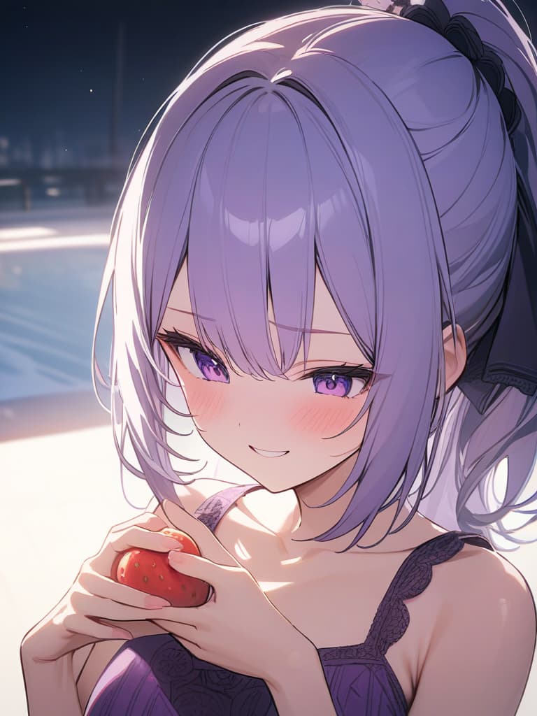  Cute, , long hair, thin body, ponytail, purple hair, purple eyes, g, , g decoration, purple clothes, g fruits, older sister, laughing, camisole, masterpiece, best quality,8k,ultra detailed,high resolution,an extremely delicate and beautiful,hyper detail