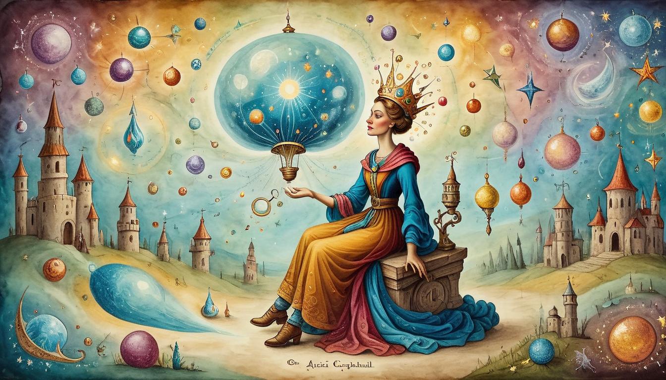  on parchment, surrealism+++, A figure engaged in ordinary tasks, aura of colorful sparkles, tasks transforming into whimsical wonders, energy radiating from touch, magic in the mundane, transformative(mysterious, provocative, symbolic,muted color)+++