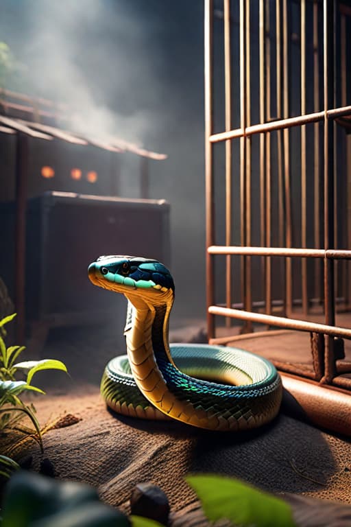  The snake broke out of the small cage bag, spitting fire hyperrealistic, full body, detailed clothing, highly detailed, cinematic lighting, stunningly beautiful, intricate, sharp focus, f/1. 8, 85mm, (centered image composition), (professionally color graded), ((bright soft diffused light)), volumetric fog, trending on instagram, trending on tumblr, HDR 4K, 8K