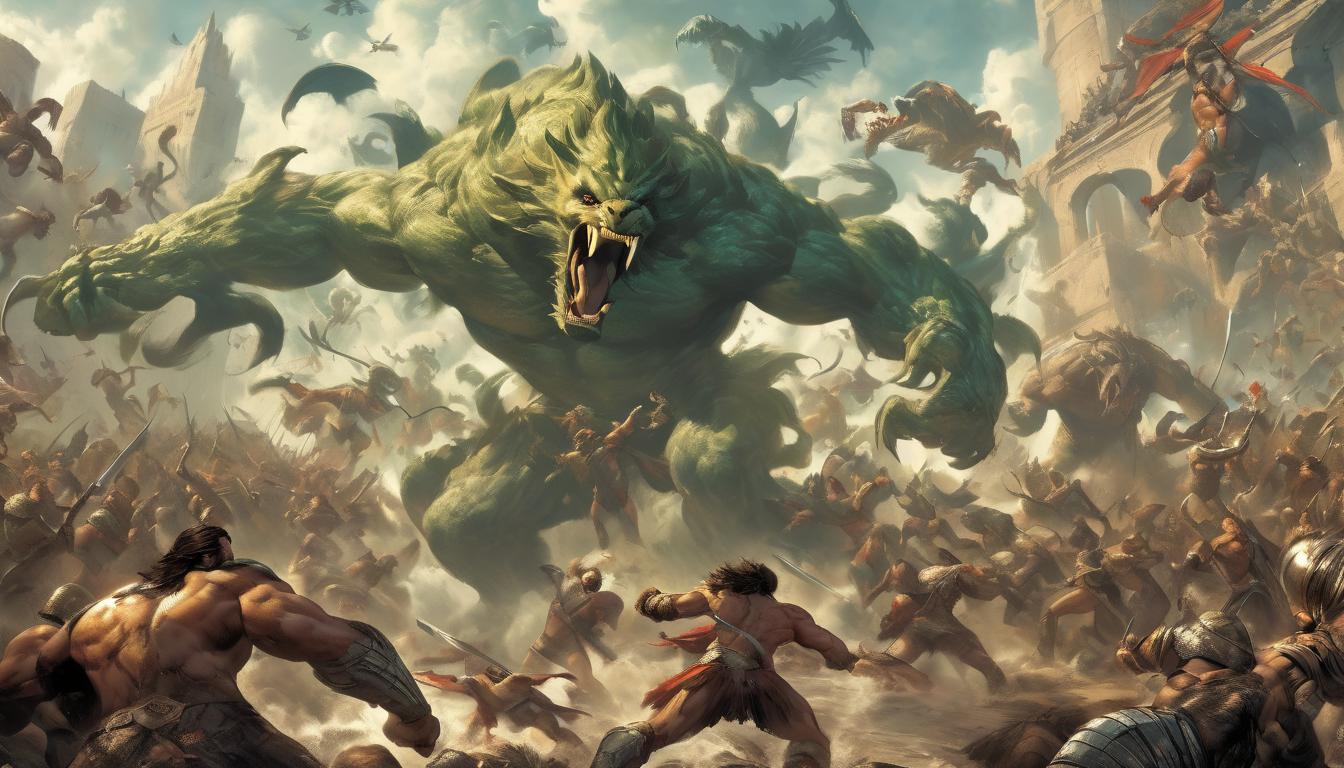  hyperrealism,fantasy aestheticScene of battles, Hercules' fierce combat against mythical creatures, Hydra's many heads and Amazonian Queen forming a narrative of challenge, struggle and conquest, powerful, grand, high tech clothing clad in sleek, futuristic costume with metallic accents and form fitting designs, marvel superhero comics style, unreal engine rendering