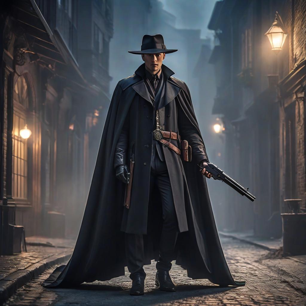  A man in a dark, long cloak. He stands sideways. There is a hat. In his right hand, he holds a revolver, while his pose is confident and ready for action. The man has short hair. hyperrealistic, full body, detailed clothing, highly detailed, cinematic lighting, stunningly beautiful, intricate, sharp focus, f/1. 8, 85mm, (centered image composition), (professionally color graded), ((bright soft diffused light)), volumetric fog, trending on instagram, trending on tumblr, HDR 4K, 8K