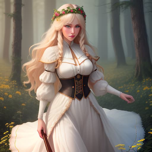  Images of a virtual assistant for the tour product "Bolkhov a fairy tale nearby" Name: Vasilisa the Wise. Appearance: A young woman in a traditional Russian costume, with long blond hair parted to one side and wearing a wreath of field flowers in her hair. She can be depicted full length or waist high. Character: Wise, kind, and responsive. Ready to come to the rescue and give helpful advice. hyperrealistic, full body, detailed clothing, highly detailed, cinematic lighting, stunningly beautiful, intricate, sharp focus, f/1. 8, 85mm, (centered image composition), (professionally color graded), ((bright soft diffused light)), volumetric fog, trending on instagram, trending on tumblr, HDR 4K, 8K