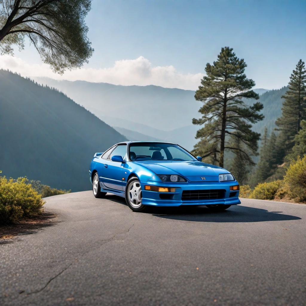  1993 blue Honda Prelude VTEC in pristine blue color with classic design elements from the early 1990s. The car should feature its original VTEC badging and iconic wheels. The setting is an open road with a scenic background, highlighting the car's sleek and sporty design. hyperrealistic, full body, detailed clothing, highly detailed, cinematic lighting, stunningly beautiful, intricate, sharp focus, f/1. 8, 85mm, (centered image composition), (professionally color graded), ((bright soft diffused light)), volumetric fog, trending on instagram, trending on tumblr, HDR 4K, 8K