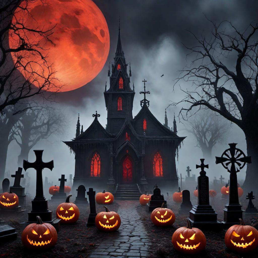  An eerie and dark scene inspired by 'The Nightmare Before Christmas' but with an evil nightmare twist. The setting is a twisted, haunted village under a blood-red moon. Jack Skellington, now more sinister with glowing red eyes and sharper features, stands ominously in the center, surrounded by ghostly, shadowy figures and eerie, twisted trees. The buildings are more Gothic, with sharp spires and dark, distorted architecture. The atmosphere is filled with a haunting fog, and the ground is littered with ghostly pumpkins and creepy gravestones. The color palette is dominated by dark, foreboding hues - blacks, deep reds, and ghostly greys. hyperrealistic, full body, detailed clothing, highly detailed, cinematic lighting, stunningly beautiful, intricate, sharp focus, f/1. 8, 85mm, (centered image composition), (professionally color graded), ((bright soft diffused light)), volumetric fog, trending on instagram, trending on tumblr, HDR 4K, 8K