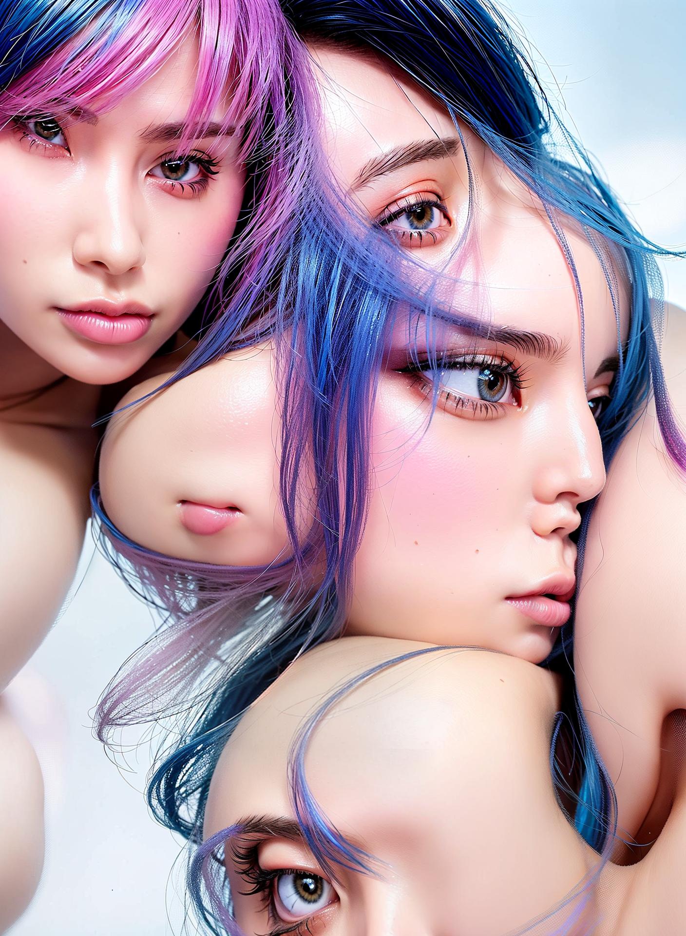  Pussy erotic pink and blue hair color, (Masterpiece, BestQuality:1.3), (ultra detailed:1.2), (hyperrealistic:1.3), (RAW photo:1.2),High detail RAW color photo, professional photograph, (Photorealistic:1.4), (realistic:1.4), ,professional lighting, (japanese), beautiful face, (realistic face)