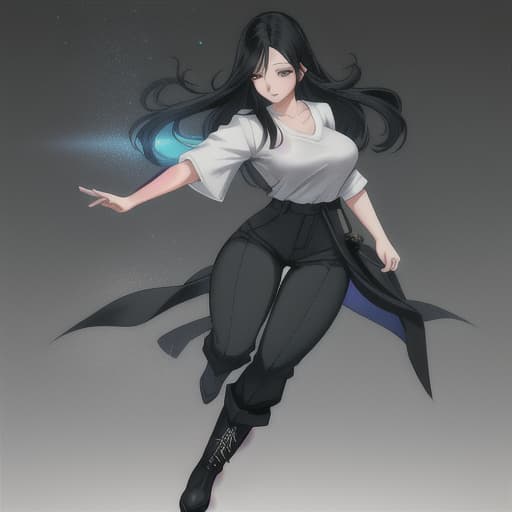  A woman of Asian appearance. She has black eyes and long black hair that touch the ground and is wears a big white shirt and long black pants with a high waist and that are wider at the bottom, and black boots that covered by pants. anime style hyperrealistic, full body, detailed clothing, highly detailed, cinematic lighting, stunningly beautiful, intricate, sharp focus, f/1. 8, 85mm, (centered image composition), (professionally color graded), ((bright soft diffused light)), volumetric fog, trending on instagram, trending on tumblr, HDR 4K, 8K