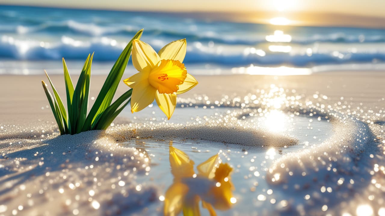  best quality, HD, Beach summer panoramic background with Daffodil flower on the cristal sand and glory water