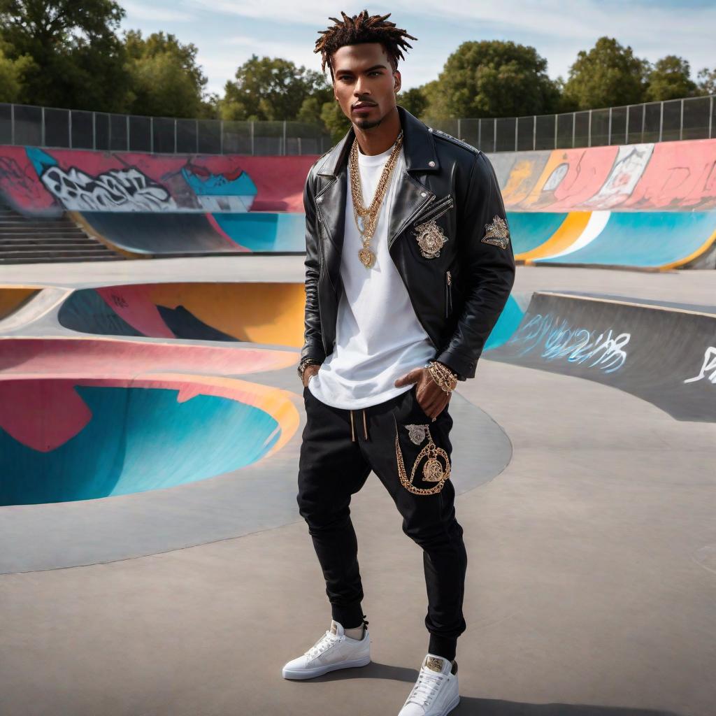  A male model at a skatepark wearing high-end diamond jewelry. The model is stylishly dressed in trendy streetwear fashion, with chains, rings, and a diamond-encrusted watch clearly visible. The skatepark has ramps, graffiti, and a chill urban vibe. hyperrealistic, full body, detailed clothing, highly detailed, cinematic lighting, stunningly beautiful, intricate, sharp focus, f/1. 8, 85mm, (centered image composition), (professionally color graded), ((bright soft diffused light)), volumetric fog, trending on instagram, trending on tumblr, HDR 4K, 8K