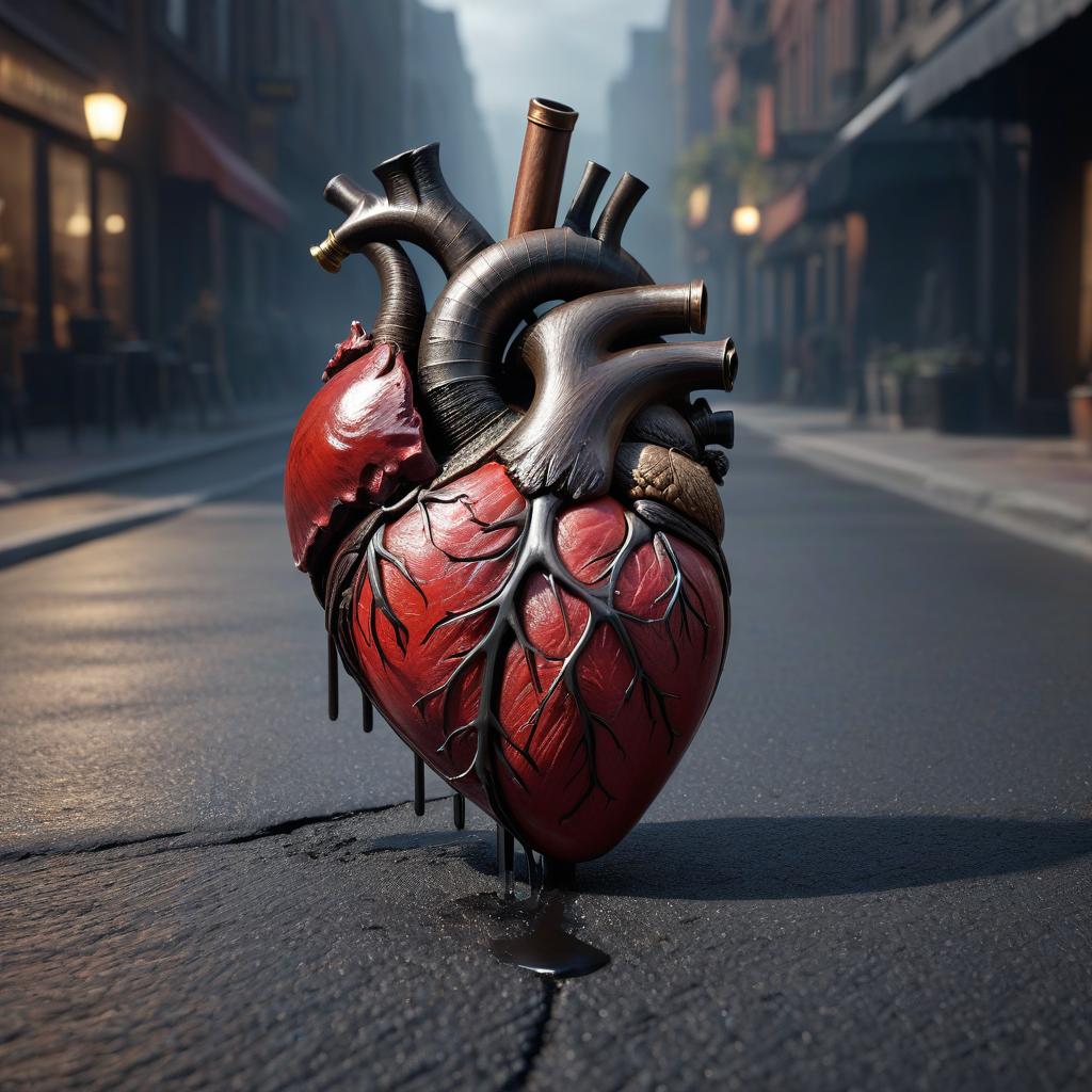  A human heart impaled on asphalt with a knife. hyperrealistic, full body, detailed clothing, highly detailed, cinematic lighting, stunningly beautiful, intricate, sharp focus, f/1. 8, 85mm, (centered image composition), (professionally color graded), ((bright soft diffused light)), volumetric fog, trending on instagram, trending on tumblr, HDR 4K, 8K