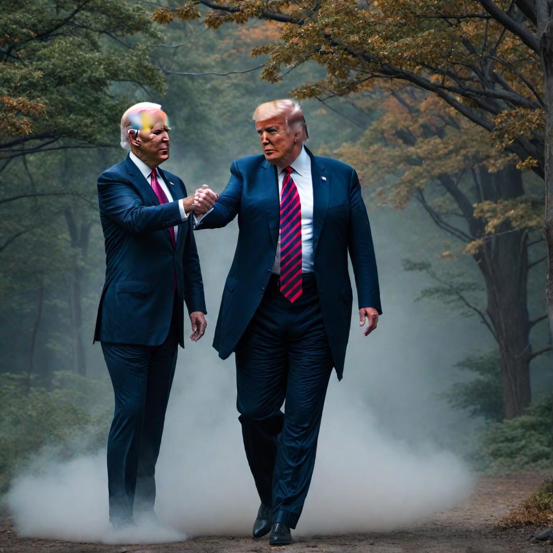  Trump kicking Biden in butt hyperrealistic, full body, detailed clothing, highly detailed, cinematic lighting, stunningly beautiful, intricate, sharp focus, f/1. 8, 85mm, (centered image composition), (professionally color graded), ((bright soft diffused light)), volumetric fog, trending on instagram, trending on tumblr, HDR 4K, 8K