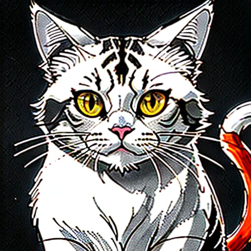  Black cat with yellow eyes, white spots on its neck and paws in love with grey tabby cat , Full shot, red background, Sketch, Manga Sketch, Pencil drawing, Black and White, Manga, Manga style, Low detail, Line art, vector art, Monochromatic, by katsuhiro otomo and masamune shirow and studio ghilibi and yukito kishiro hyperrealistic, full body, detailed clothing, highly detailed, cinematic lighting, stunningly beautiful, intricate, sharp focus, f/1. 8, 85mm, (centered image composition), (professionally color graded), ((bright soft diffused light)), volumetric fog, trending on instagram, trending on tumblr, HDR 4K, 8K