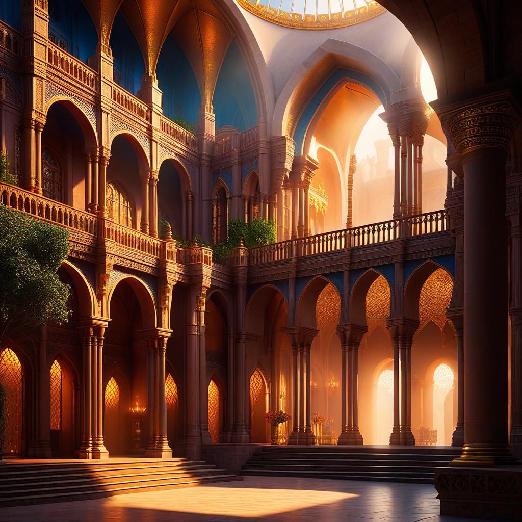  ethereal fantasy concept art of ((The building of the Palace of the Queen of Sheba)). On a square base stood a round four storey tower topped with crenellations. The tower was adorned with arches of blown glass that supported balconies overlooking the city. The railings and walls were studded with sapphires, diamonds and rubies. The golden and silver roofs shone dimly in the bluish sparkles that glittered beneath the vaults of the cave. Translated with DeepL.com (free version) . magnificent, celestial, ethereal, painterly, epic, majestic, magical, fantasy art, cover art, dreamy, hkmagic hyperrealistic, full body, detailed clothing, highly detailed, cinematic lighting, stunningly beautiful, intricate, sharp focus, f/1. 8, 85mm, (centered image composition), (professionally color graded), ((bright soft diffused light)), volumetric fog, trending on instagram, trending on tumblr, HDR 4K, 8K