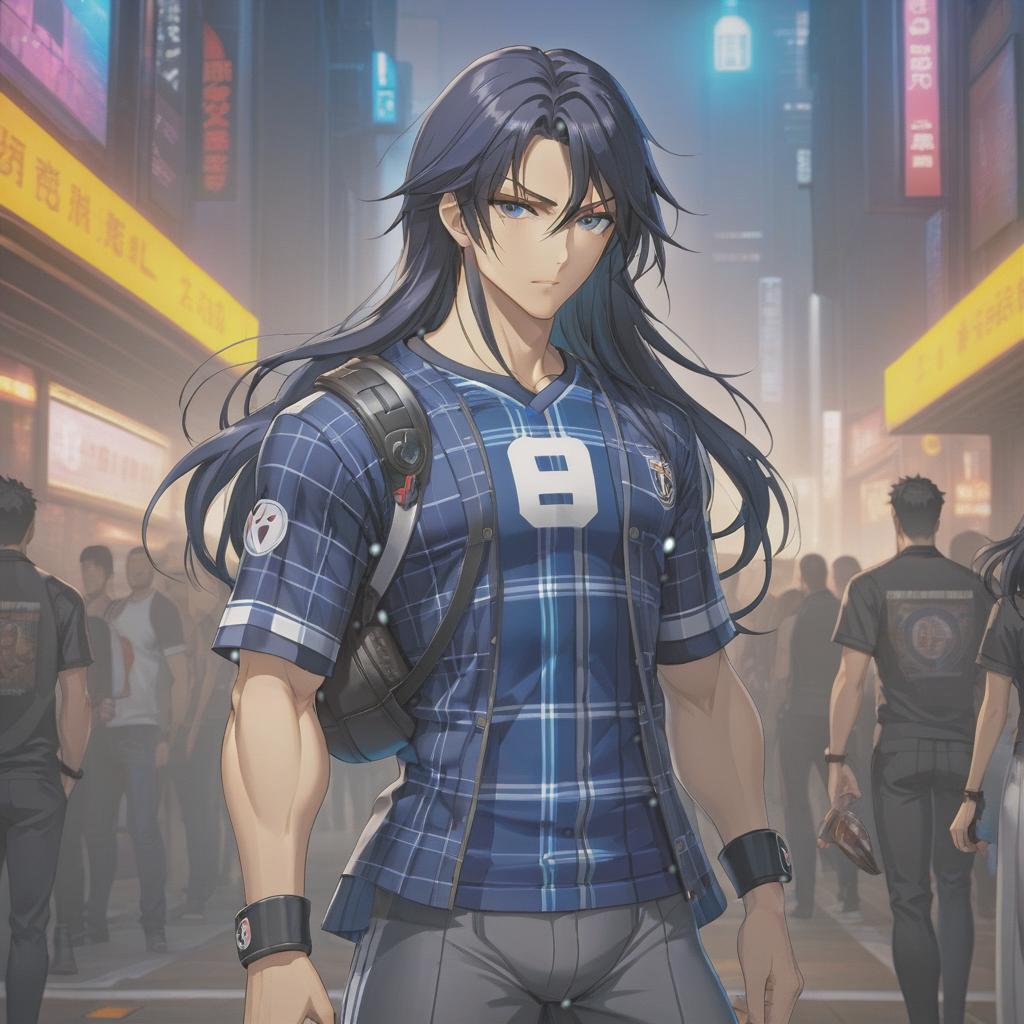  anime artwork Man, a plaid shirt and tight football jersey. Dark blue long hair, prominent cheekbones, academic, cyberpunk. . anime style, key visual, vibrant, studio anime, highly detailed hyperrealistic, full body, detailed clothing, highly detailed, cinematic lighting, stunningly beautiful, intricate, sharp focus, f/1. 8, 85mm, (centered image composition), (professionally color graded), ((bright soft diffused light)), volumetric fog, trending on instagram, trending on tumblr, HDR 4K, 8K