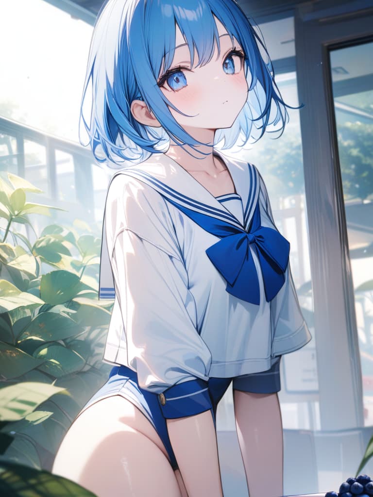  Cute, , blue hair, blue eyes, short bob, thin body, white skin, sauce, , blueberry decoration, sailor suit, masterpiece, best quality,8k,ultra detailed,high resolution,an extremely delicate and beautiful,hyper detail