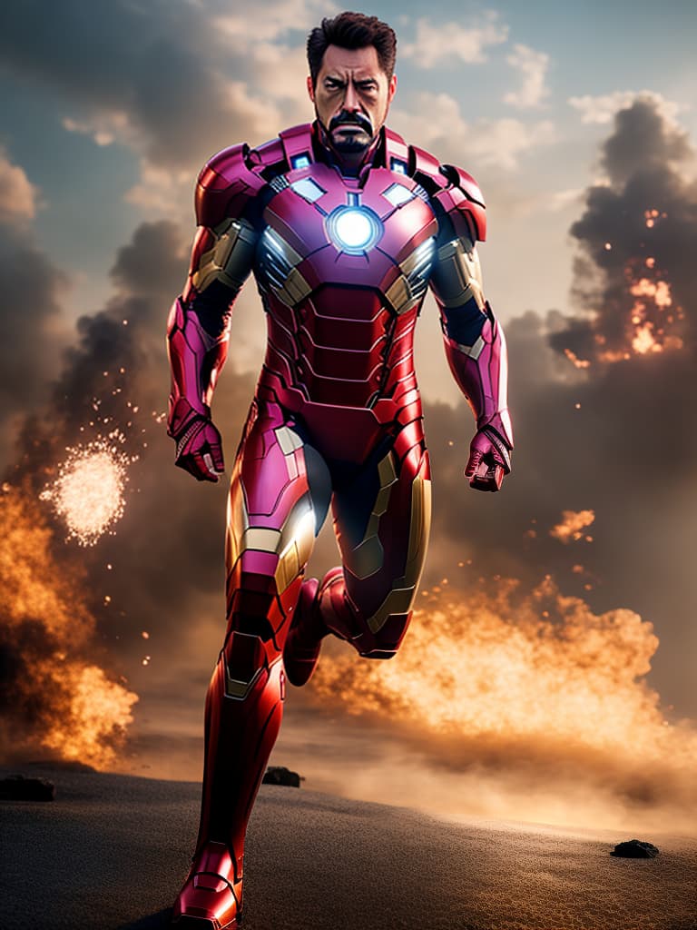  ironman tony stark in cinematic poster hyperrealistic, full body, detailed clothing, highly detailed, cinematic lighting, stunningly beautiful, intricate, sharp focus, f/1. 8, 85mm, (centered image composition), (professionally color graded), ((bright soft diffused light)), volumetric fog, trending on instagram, trending on tumblr, HDR 4K, 8K