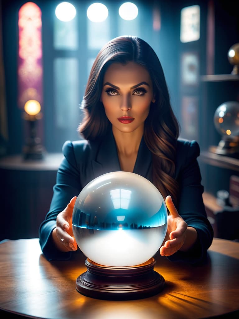  A fortune teller gazing into a crystal ball in a dim, mystical shop., (cinematic color grading lighting vintage realistic film grain scratches celluloid analog cool shadows warm highlights soft focus actor directed cinematography technicolor :1.3), with the text "DynaVision" on it hyperrealistic, full body, detailed clothing, highly detailed, cinematic lighting, stunningly beautiful, intricate, sharp focus, f/1. 8, 85mm, (centered image composition), (professionally color graded), ((bright soft diffused light)), volumetric fog, trending on instagram, trending on tumblr, HDR 4K, 8K