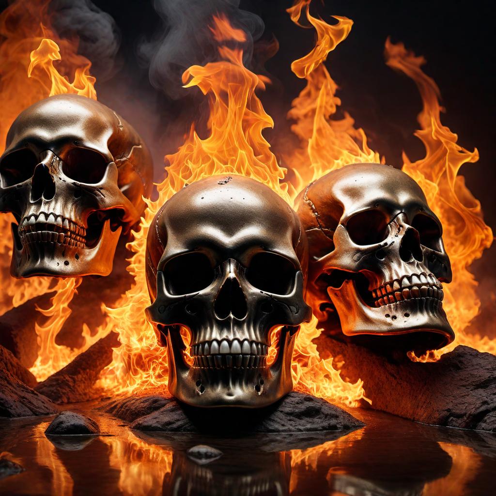  A fiery and intense design featuring skulls engulfed in flames. The image should depict skulls on fire with a sense of heat, energy, and intensity, creating a visually striking and dynamic composition. hyperrealistic, full body, detailed clothing, highly detailed, cinematic lighting, stunningly beautiful, intricate, sharp focus, f/1. 8, 85mm, (centered image composition), (professionally color graded), ((bright soft diffused light)), volumetric fog, trending on instagram, trending on tumblr, HDR 4K, 8K