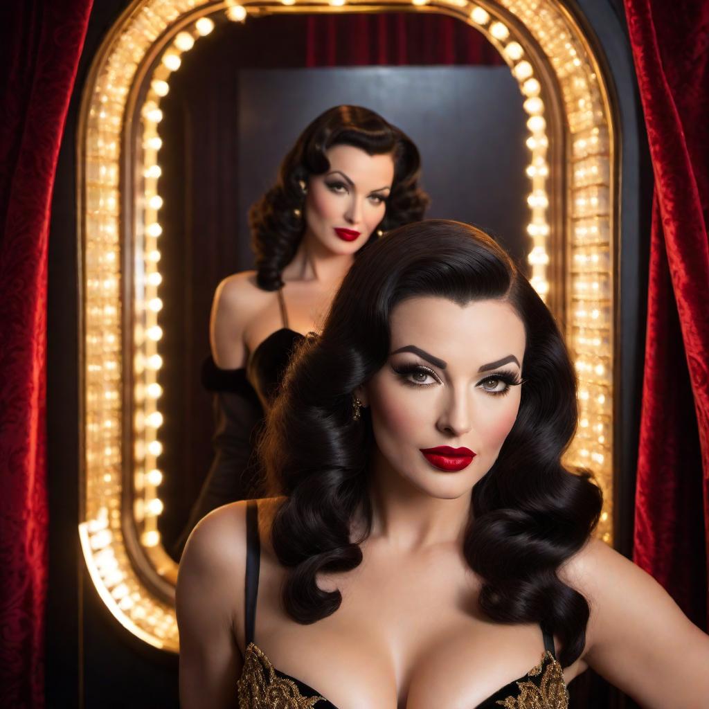  A stunning burlesque dancer in the style of Betty Paige and Norma Jean, with a snarl Mona Lisa smile on her face. She has wavy dark hair, red lipstick, and is dressed in a glamorous black and gold outfit. The background features a vintage keyhole, adding an air of mystery and allure. The scene is set in a 1950s vintage nightclub, with velvet curtains and dim, warm lighting. hyperrealistic, full body, detailed clothing, highly detailed, cinematic lighting, stunningly beautiful, intricate, sharp focus, f/1. 8, 85mm, (centered image composition), (professionally color graded), ((bright soft diffused light)), volumetric fog, trending on instagram, trending on tumblr, HDR 4K, 8K