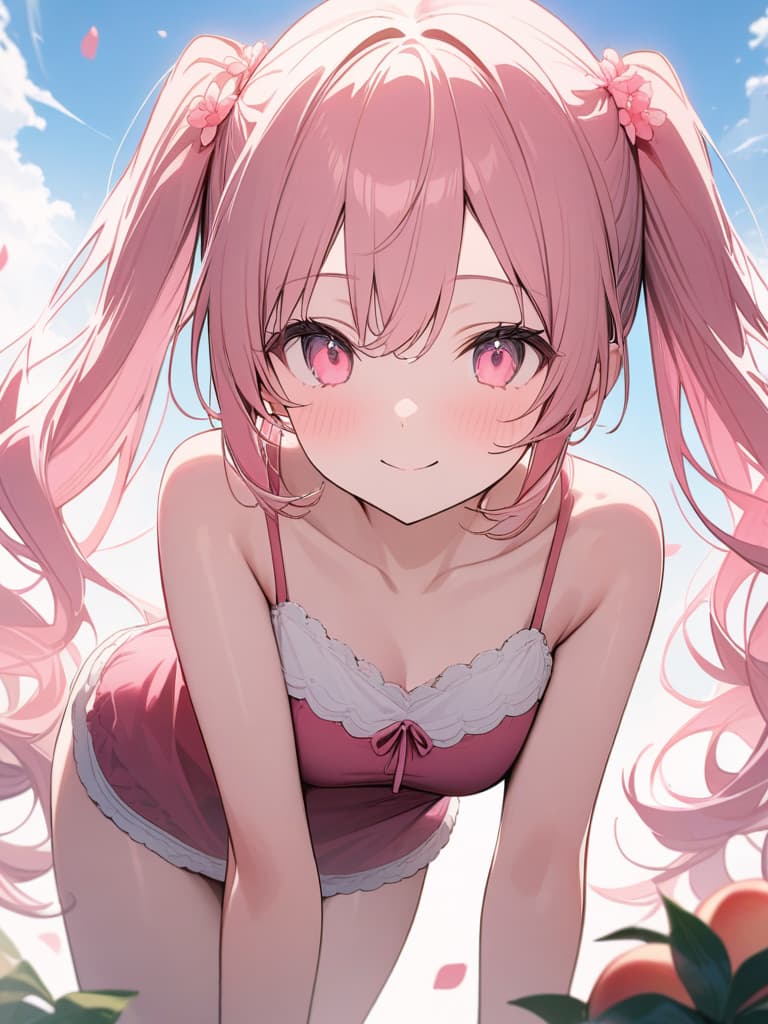  Cute, , thin body, fluffy hair, fluffy long hair, twin tails, pink hair color, pink eyes, pink eyes, sauce, peach decoration, peach, smiling, , stomach, , bend forward ,camisole, masterpiece, best quality,8k,ultra detailed,high resolution,an extremely delicate and beautiful,hyper detail