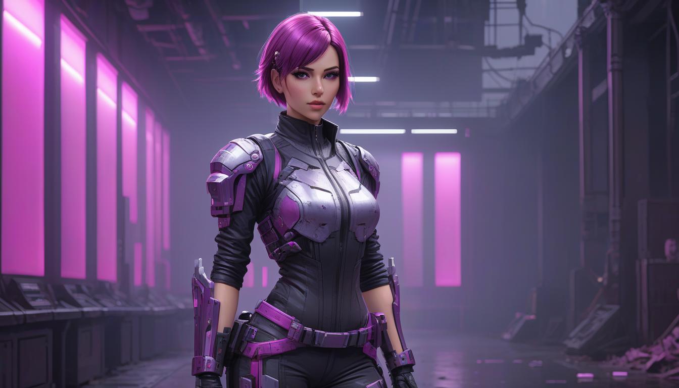  Painting of a girl from a computer game. Closed clothes. Grunge and metallic style design. Limited color palette. Shades of pink. Pixel art. Dark background with many details. Short hair. Biomechanics. Future weapon. Brutal art. Black purple silver. More realism in the face. Dynamic pose. Special effects. Many pixels. hyperrealistic, full body, detailed clothing, highly detailed, cinematic lighting, stunningly beautiful, intricate, sharp focus, f/1. 8, 85mm, (centered image composition), (professionally color graded), ((bright soft diffused light)), volumetric fog, trending on instagram, trending on tumblr, HDR 4K, 8K