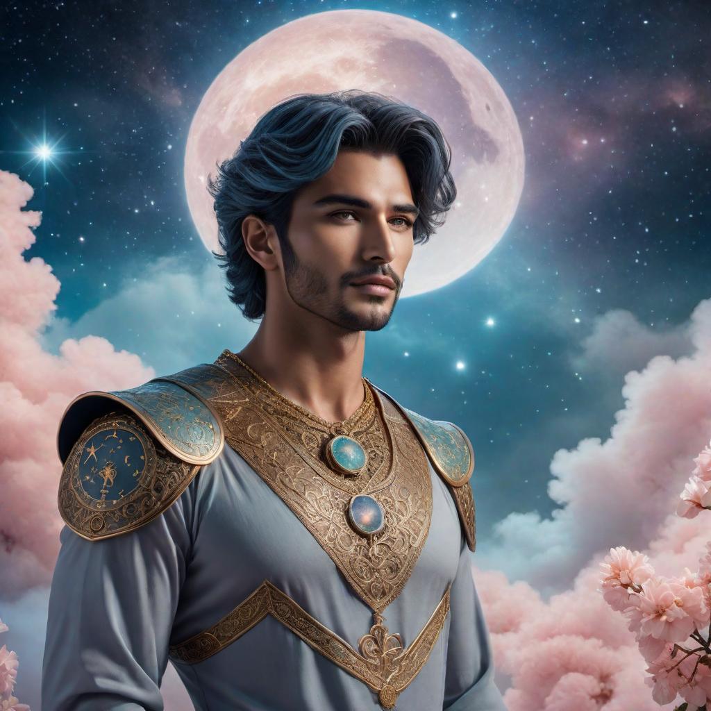  A male Gemini in a fantasy lofi style, featuring the zodiac sign of a man. Incorporate twin symbols associated with Gemini, in a tranquil, whimsical setting with a dreamy night sky overhead, soft pastel hues, and mystical, celestial accents. hyperrealistic, full body, detailed clothing, highly detailed, cinematic lighting, stunningly beautiful, intricate, sharp focus, f/1. 8, 85mm, (centered image composition), (professionally color graded), ((bright soft diffused light)), volumetric fog, trending on instagram, trending on tumblr, HDR 4K, 8K