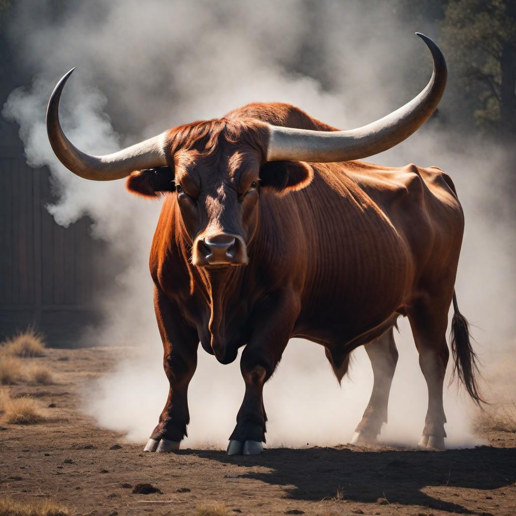  A muscular, fierce Longhorn Bull with its head lowered in an attacking stance for the 'Longhorn Beef Jerky Co.' logo. The bull should have taut, defined muscles without saggy skin and strong, muscular hind quarters. It should have wide and long horns, red eyes, and a mean, aggressive expression. The colors used should be burnt orange, gray, black, and off-white. The bull should be snorting smoke from its nostrils, conveying intensity and aggression. The overall design should have a rugged, rustic feel to align with the nature of the beef jerky business. hyperrealistic, full body, detailed clothing, highly detailed, cinematic lighting, stunningly beautiful, intricate, sharp focus, f/1. 8, 85mm, (centered image composition), (professionally color graded), ((bright soft diffused light)), volumetric fog, trending on instagram, trending on tumblr, HDR 4K, 8K