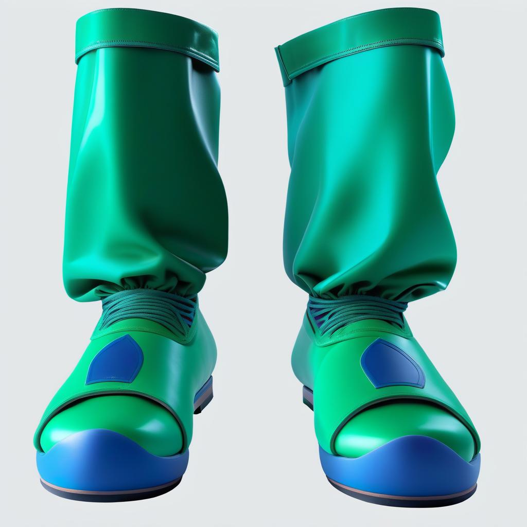  On feet are worn, tightened pants, smooth without folds, high surgical stilt like shoes with flat soles, no heels, with elastic upper cuffs, made of glossy latex material, the bottom part (from the sole to the ankle: 1.2), (dark green: 1.3), the top part (from the ankle to the knee: 1.2), (dark blue: 1.3). hyperrealistic, full body, detailed clothing, highly detailed, cinematic lighting, stunningly beautiful, intricate, sharp focus, f/1. 8, 85mm, (centered image composition), (professionally color graded), ((bright soft diffused light)), volumetric fog, trending on instagram, trending on tumblr, HDR 4K, 8K