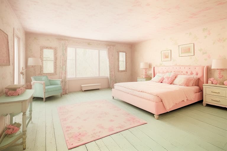  The image captures a shabby chic theme, richly adorned with floral patterns, pastel colors, vintage furniture, and romantic, ornate details. Shabby chic with pastel pink and turquoise colors, floral patterns, ornate vintage furniture, and abundant rose decorations. shabby chic, pastel colors, floral patterns, vintage furniture, ornate details