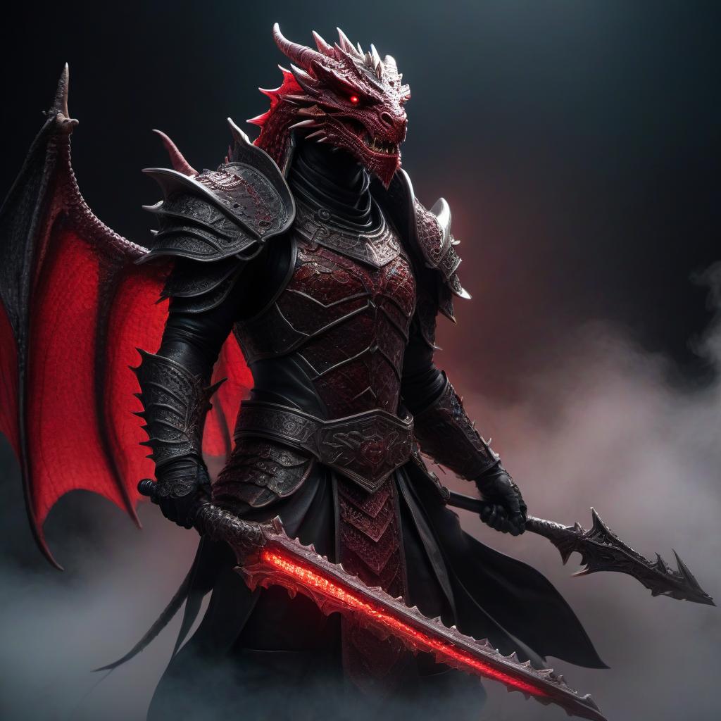  lovecraftian horror dragonborn with red scales in black armor . eldritch, cosmic horror, unknown, mysterious, surreal, highly detailed, hkmagic hyperrealistic, full body, detailed clothing, highly detailed, cinematic lighting, stunningly beautiful, intricate, sharp focus, f/1. 8, 85mm, (centered image composition), (professionally color graded), ((bright soft diffused light)), volumetric fog, trending on instagram, trending on tumblr, HDR 4K, 8K