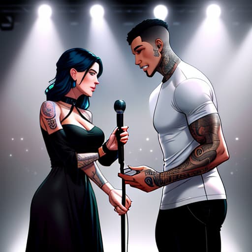  Mother and son are standing on stage. The son is a child parent gangster rapper with a sly grin, tattoos, dark hair, and a microphone in a football shirt. The mother is in a black dress with a diamond collar and put her hands on his shoulders. hyperrealistic, full body, detailed clothing, highly detailed, cinematic lighting, stunningly beautiful, intricate, sharp focus, f/1. 8, 85mm, (centered image composition), (professionally color graded), ((bright soft diffused light)), volumetric fog, trending on instagram, trending on tumblr, HDR 4K, 8K