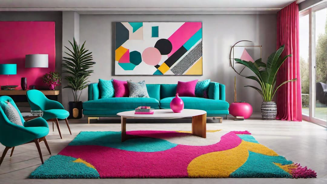  Create an image of a vibrant living room inspired by 80s retro home interior designs. The room should include bold geometric patterns, neon accents, and a mix of bright colors like turquoise, hot pink, and electric blue. Incorporate abstract art pieces on the walls and a shaggy rug in a pop art print. The furniture should feature curved lines and chrome finishes, showcasing a futuristic flair typical of 80s interior design trends. hyperrealistic, full body, detailed clothing, highly detailed, cinematic lighting, stunningly beautiful, intricate, sharp focus, f/1. 8, 85mm, (centered image composition), (professionally color graded), ((bright soft diffused light)), volumetric fog, trending on instagram, trending on tumblr, HDR 4K, 8K