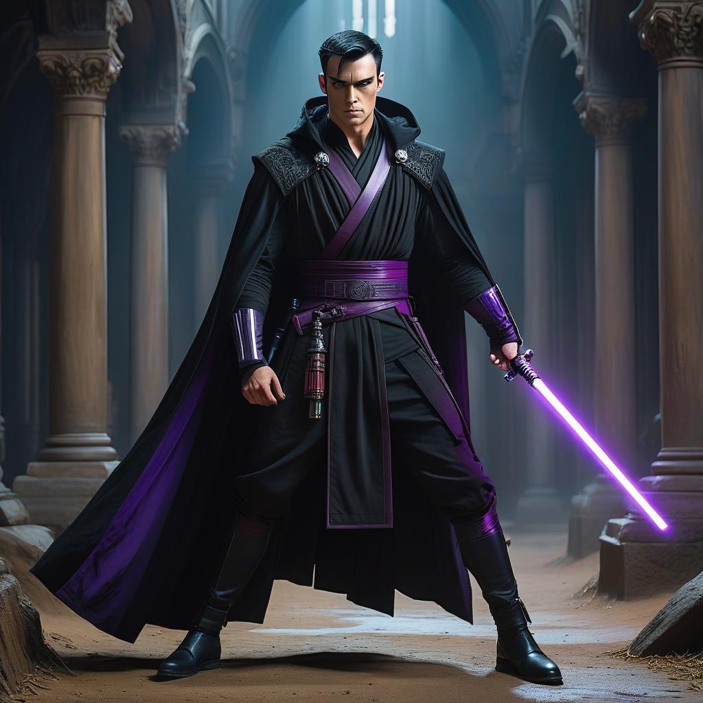  gothic style A young man, a Jedi, pale with black hair gathered in a ponytail, clean shaven, dark eyes, wearing a black cloak and wielding two purple light sabers in a combat stance. . dark, mysterious, haunting, dramatic, ornate, detailed hyperrealistic, full body, detailed clothing, highly detailed, cinematic lighting, stunningly beautiful, intricate, sharp focus, f/1. 8, 85mm, (centered image composition), (professionally color graded), ((bright soft diffused light)), volumetric fog, trending on instagram, trending on tumblr, HDR 4K, 8K