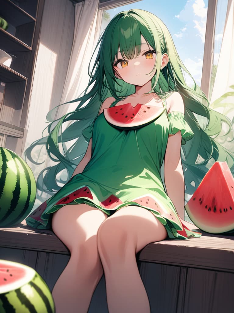  Cute, girl, indoor, green hair, red mesh, watermelon, watermelon dress, watermelon dress, red and green clothes, yellow eyes, long hair, fluffy hair, half twin, masterpiece, best quality,8k,ultra detailed,high resolution,an extremely delicate and beautiful,hyper detail