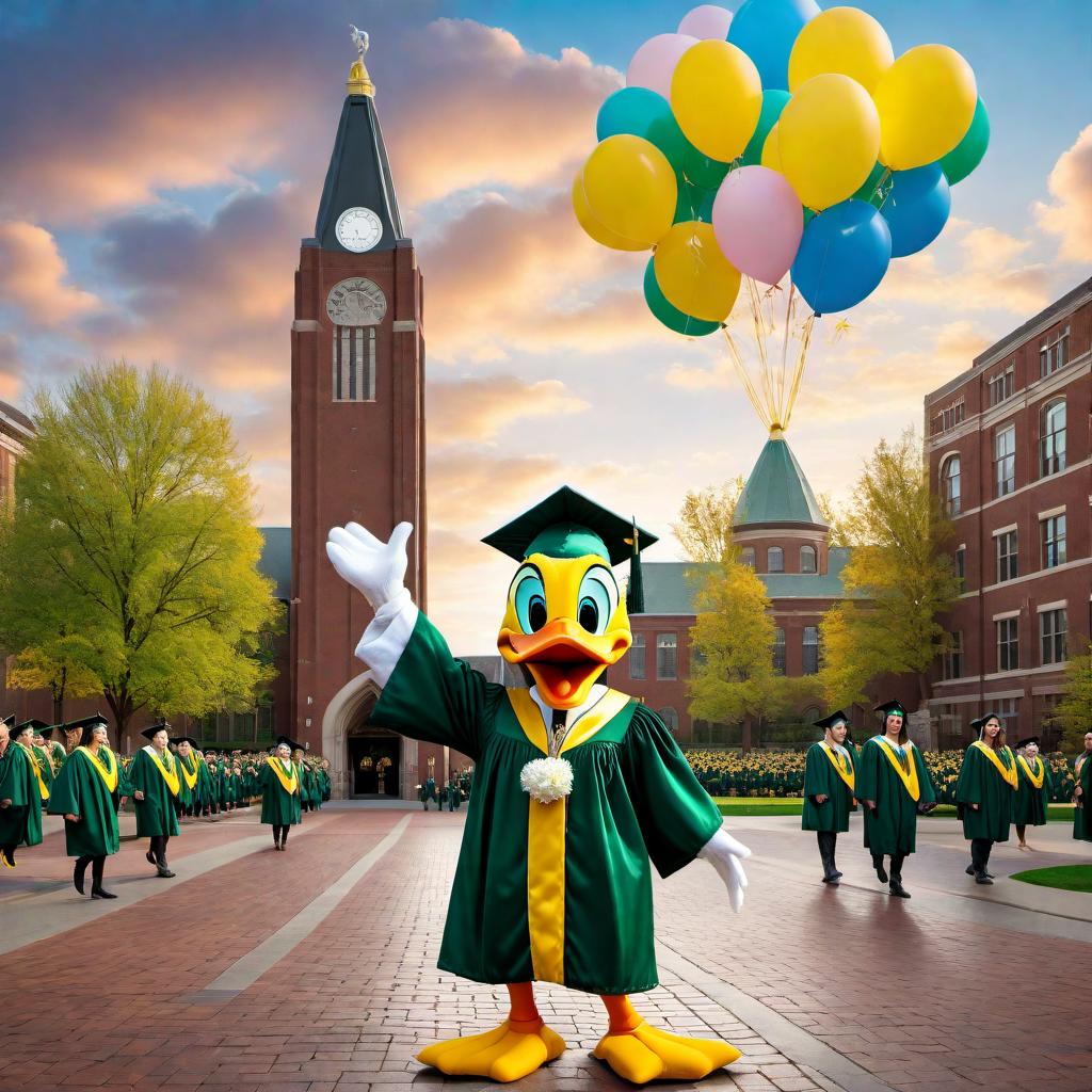  A celebratory scene featuring the Oregon Duck mascot in a graduation cap and gown. The setting is the University of Oregon campus, with proud graduates in their caps and gowns around the mascot. The background includes iconic university buildings, festive balloons, and confetti filling the air, reflecting the joyous occasion. hyperrealistic, full body, detailed clothing, highly detailed, cinematic lighting, stunningly beautiful, intricate, sharp focus, f/1. 8, 85mm, (centered image composition), (professionally color graded), ((bright soft diffused light)), volumetric fog, trending on instagram, trending on tumblr, HDR 4K, 8K