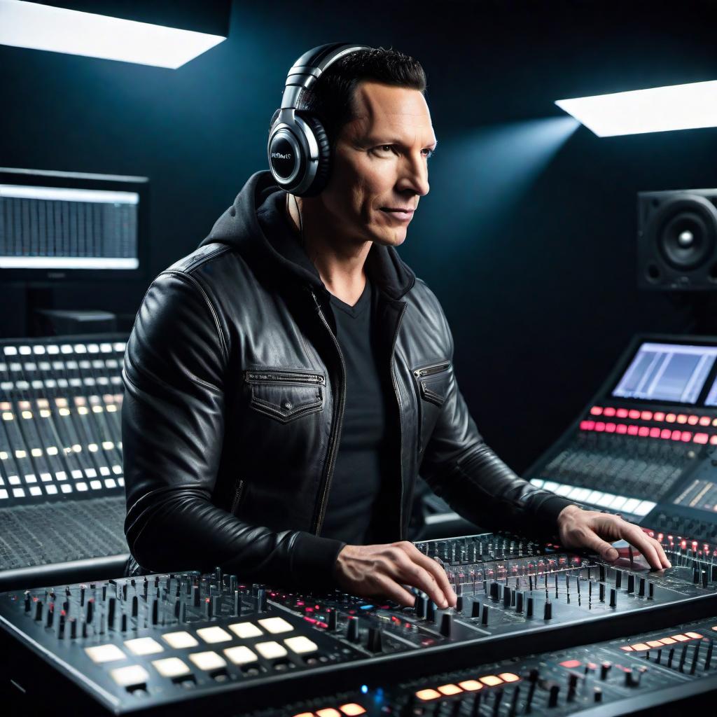  DJ Tiesto is in his music studio, producing music. The studio is dark, with minimal lighting just around Tiesto and his equipment, creating a focused atmosphere. The setting includes mixing consoles, synthesizers, speakers, and screens displaying audio waveforms. Tiesto is focused, wearing headphones, and absorbed in his work. hyperrealistic, full body, detailed clothing, highly detailed, cinematic lighting, stunningly beautiful, intricate, sharp focus, f/1. 8, 85mm, (centered image composition), (professionally color graded), ((bright soft diffused light)), volumetric fog, trending on instagram, trending on tumblr, HDR 4K, 8K