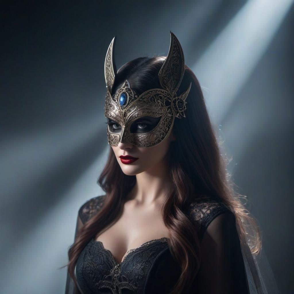  portrait of beautiful gothic woman wearing solar shadow mask" hyperrealistic, full body, detailed clothing, highly detailed, cinematic lighting, stunningly beautiful, intricate, sharp focus, f/1. 8, 85mm, (centered image composition), (professionally color graded), ((bright soft diffused light)), volumetric fog, trending on instagram, trending on tumblr, HDR 4K, 8K