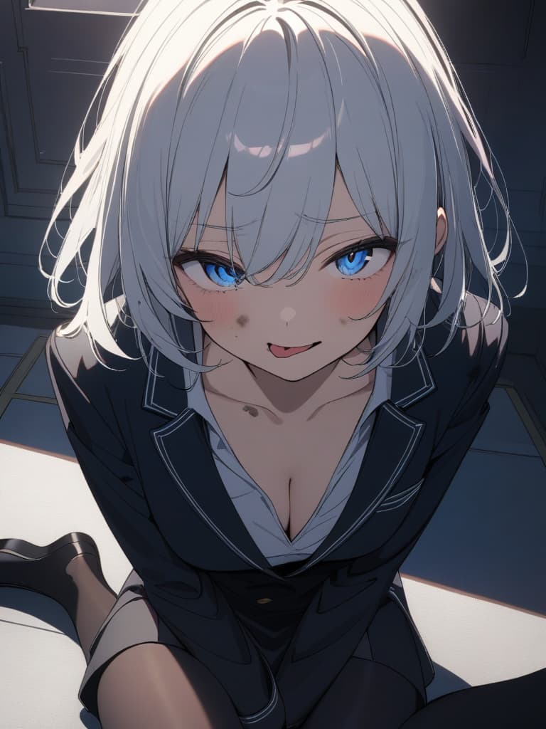  ((black tights,,dirty eyes,,)),big s,open ed uniform,blazer,sitting flat, style sitting,emphasis on s,(medium length hair,hair over shoulders,blue eyes,white hair,tongue ing),pretty ,beautiful,cute,y,ultra detailed,best shadow,cute and beautiful face,(masterpiece:1.2),(best quality:1.2),detailed background,high contrast,(best illumination,an extremely delicate and beautiful),((cinematic light)),hyper detail,dramatic light,intricate details,8k,anime,very aesthetic、((Very,very large s,big ,low cut clothing))、((Black tights,black tights, black tights)), masterpiece, best quality,8k,ultra detailed,high resolution,an extremely delicate and beautiful,hyper detail