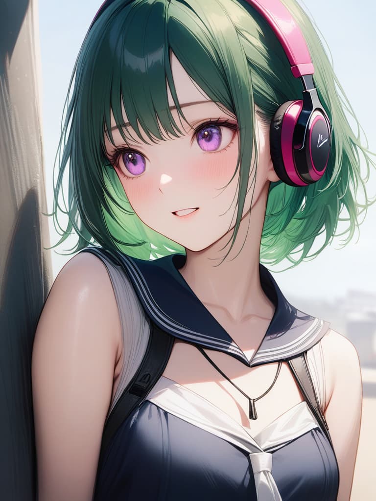  1girl,18yo,green hair,short hair,purple eyes,headphone,summer black sailor suit,very loud laugh,realistic:1.5, masterpiece, best quality,8k,ultra detailed,high resolution,an extremely delicate and beautiful,hyper detail